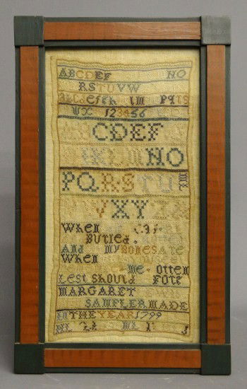 Sampler: 18th c. sampler "Margaret Lewis Sampler Made In The Year 1799". Also has alphabet, numbers and verse. Site 15" x 8".