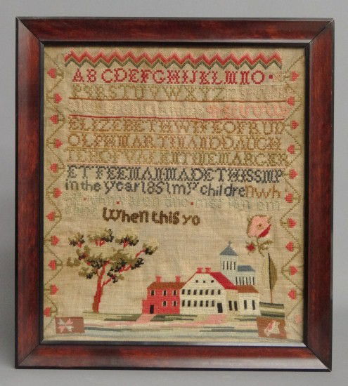Sampler: 19th c. sampler "Elizabeth Wife Of Rudolph Martinand Daughter of Valentine Margeret Feeman?.....1851". Also has buildings, flower in pot etc. Site 16 1/2" x 14 1/2".