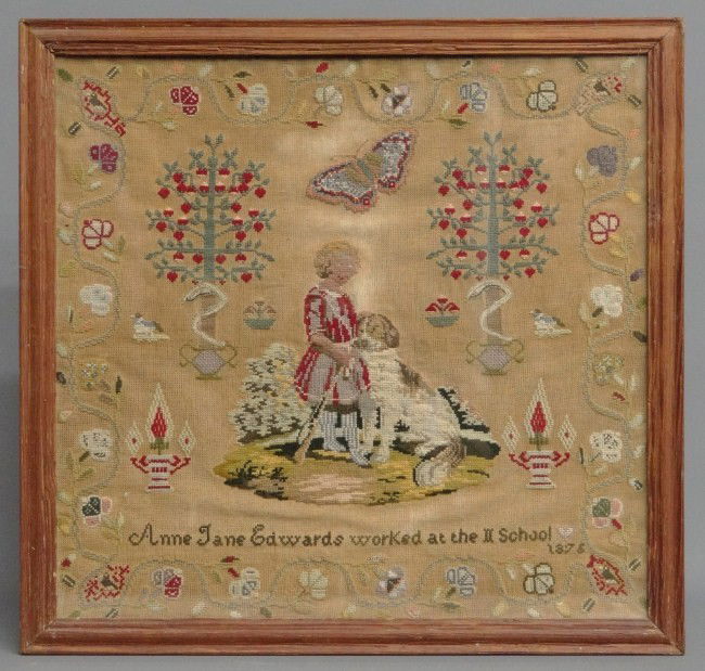 Sampler: 19th c. sampler "Anne Jane Edwards worked at the II School 1876". Also has hunter and dog center, butterfly, trees of life with serpents etc. Site 20" x 21".