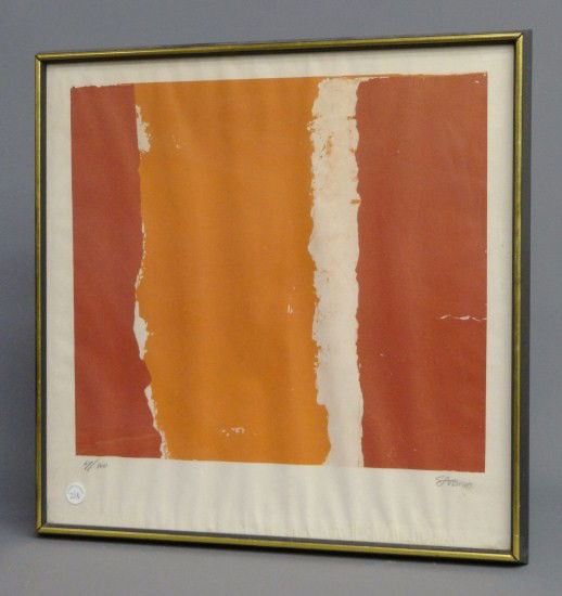 Theodore Stamos Print: Signed and numbered print signed "Stamos" (Theodore Stamos N.Y. 1922-1997). Site 22" Square. Some water staining on bottom of print.