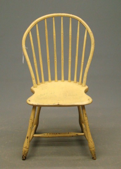 19th c. Windsor Chair: 19th c. bowback Windsor chair in yellow paint. 16" Seat Ht. 35" Overall Ht.