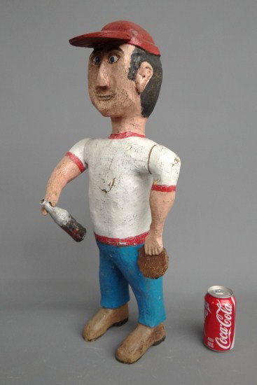 Folk Art Carving: Contemporary polychrome painted folk art "Sports Fan" figure. 26" Ht.