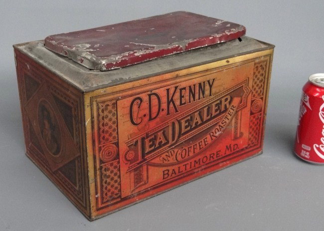 19th c. Coffee Tin: 19th c. "C.D. Kenny" coffee/tea tin. 11 1/2" W 7 1/2" Ht.