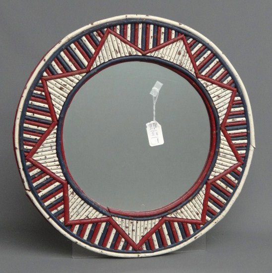 Twig Mirror: Early painted patriotic twig mirror. 27" Diameter.