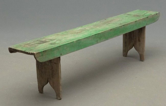 Bootjack Bench: 19th c. bootjack bench in green paint. 65 3/4" Length.