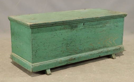 19th c. Hudson Valley Blanket Box: 19th c. Hudson Valley blanket box with shoe feet in old green paint. 40" x 16" x 16 1/2".