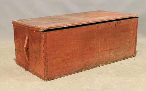 19th c. Seamen's Trunk: 19th c. Seamen's trunk in old red paint. Side handles with rope. 43" x 21" x 17".