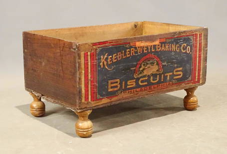 Biscuit Box: 19th c. biscuit box with original label. Converted to magazine rack. 21" x 14" x 12".