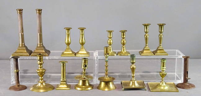 Candlestick Lot: Lot (16) 18th and 19th c. brass and metal candlesticks. Tallest 10" Ht..