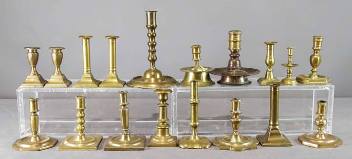 Candlestick Lot: Lot (18) 18th and 19th c. brass candlesticks. Tallest 9" Ht..