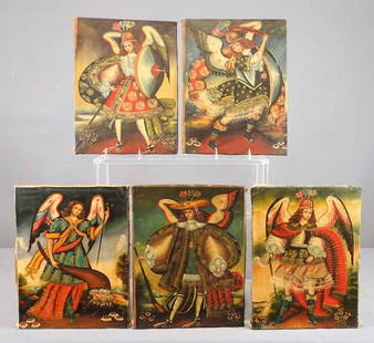 Peruvian Religious Artwork Lot: Lot (5) Peruvian oil on canvas Religious subject artworks. Each unframed. 15 1/2" x 11".