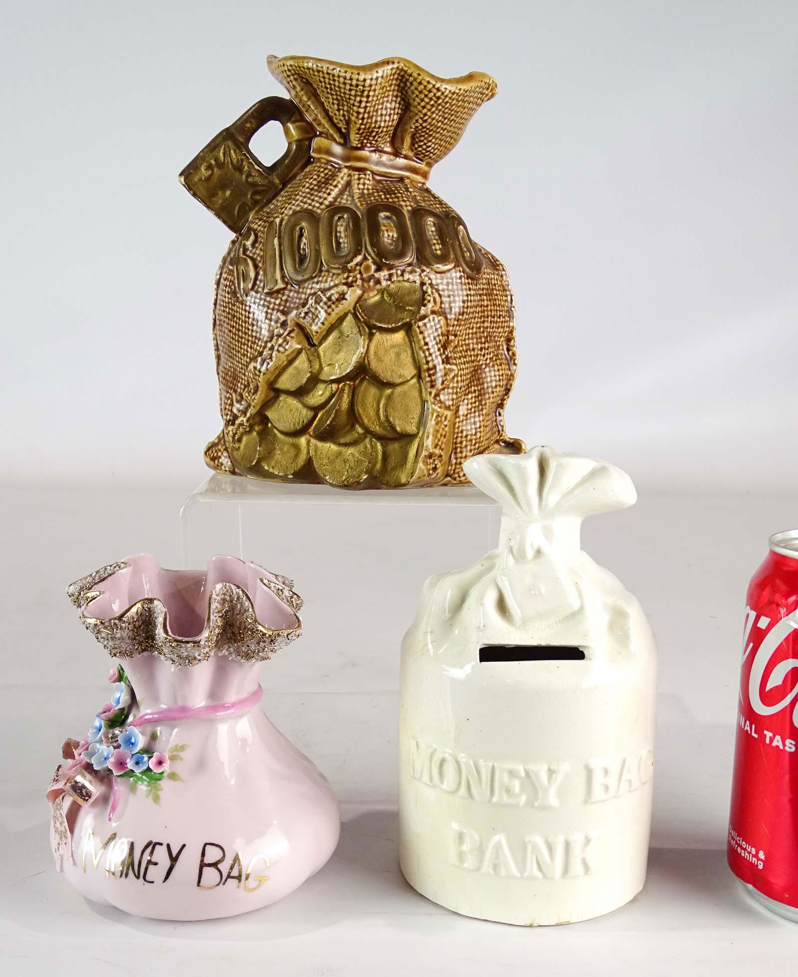 Bank Lot: Lot (3) ceramic money bag banks. Tallest 6 1/2" Ht..