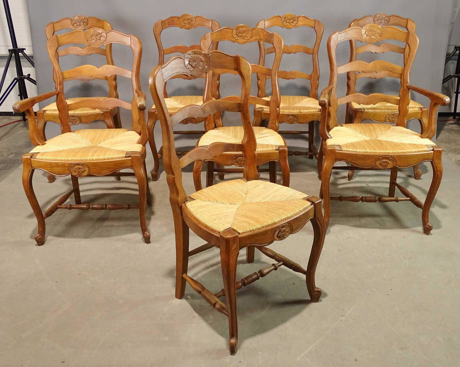 Set of (8) French Chairs: Set of (8) rush seat French dining chairs.