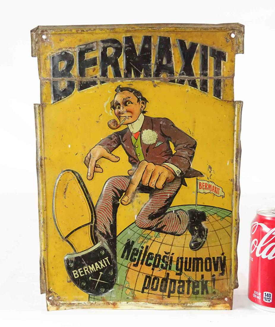 Metal Advertising Sign: Bermaxit. Czech painted metal vintage shoe sign for the best rubber heels. Image of man walking on world globe. Wear, creases, losses.Overall 14" x 10".
