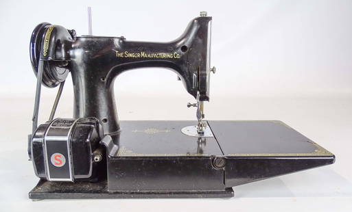 Singer Featherweight Sewing Machine: Early Singer Featherweight sewing machine in original case. Case 13" x 8" x 11 1/2". Property of The Barbara Packer, Estate, Germantown N.Y. and N.Y.C..