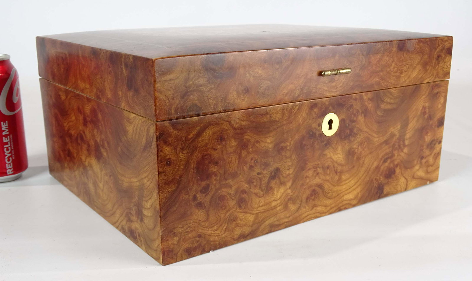 Humidor: Inlaid humidor. 12 1/2" x 10" x 5 3/4". Some veneer missing rear.