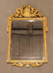 19th c. Danish Mirror: Period Louis Seize mirror. Denmark C. 1780. Painted and gilded surface. 44" Ht., 26" W., 1 1/2" D.. Property of Cupboards and Roses.