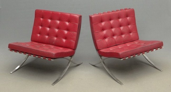 Pair Barcelona Chairs: Pair Barcelona chairs. Labeled "Knoll Associates N.Y.", both retain original upholstery (some damage).