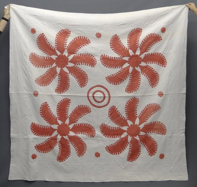 Quilt: 19th c. red and white Princess feather quilt. 78" x 82".