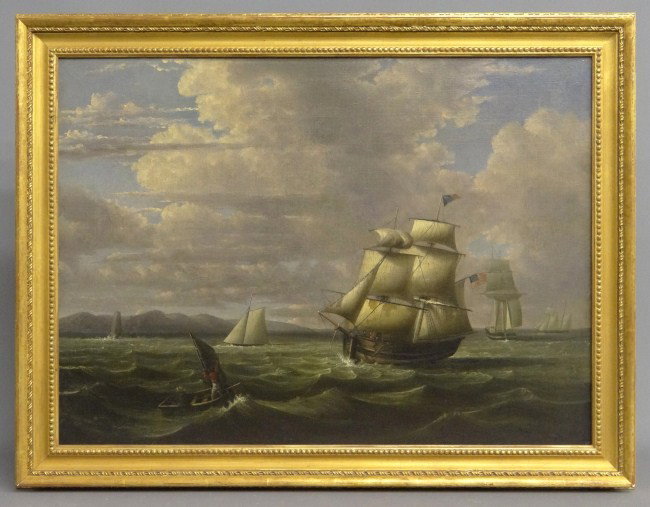 Painting Naval Scene: 19th c. oil on canvas Naval scene. Site 22" x 30". Attributed to George Robert Bonfield (1805-1898).