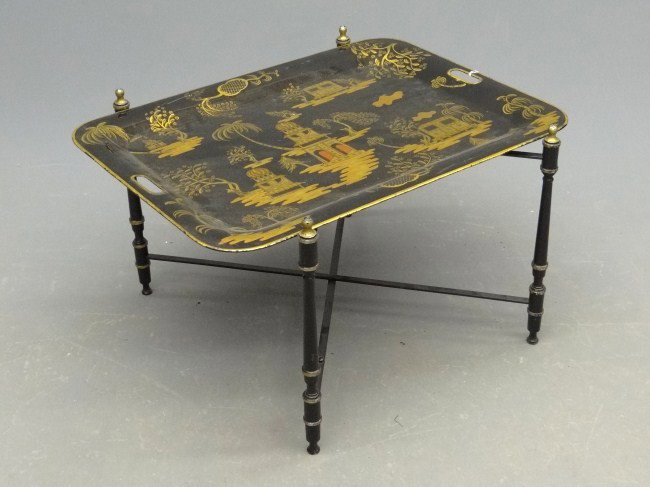 Tole Tray On Stand: 20th c. decorated tole tray on stand.