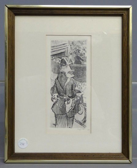 French Etching: Original etching by Jacques Villon (French C. 1939). Ex: Wertham Collection, N.Y.C. C. 1950's. Site 5" x 10".