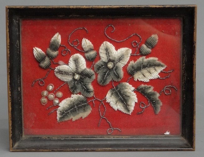 19th c. Beadwork: 19th c. framed beadwork. 9 1/4" x 11 1/2" overall.