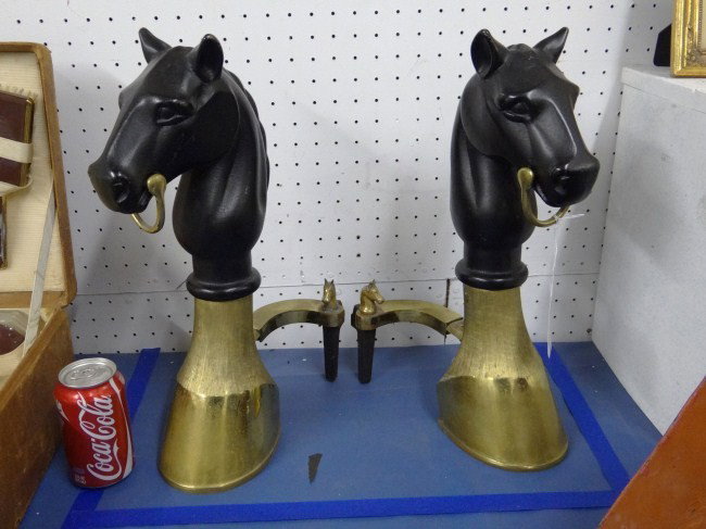 Andirons: Pair iron and brass horse head andirons. 17 1/4" Ht.
