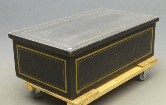 Blanket Box: 19th c. blanket box with pin stripes. 47" W 27" D 16" Ht. Has custom cut plexiglass for coffee table use.
