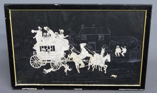 Folk Art Birch Bark Picture: Early folk art birch bark picture "The Coaching Season In Blackville The Grand Start". Site 13" x 21 1/2".