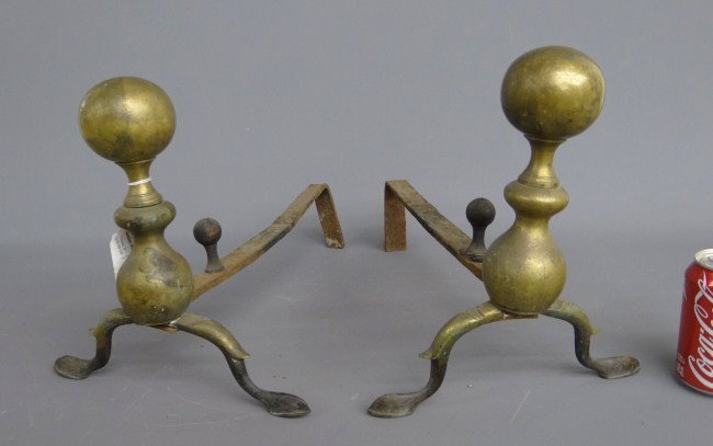 19th c. Andirons: Pair 19th c. brass balltop andirons. 12" Ht.