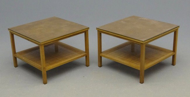 Paul McCobb End Tables: Pair labeled Paul McCobb "Calvin Grand Rapids" end tables. Tops 20 1/2" Diameter, 15 1/2" Ht.