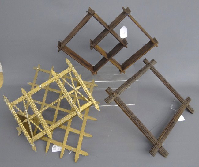 Tramp Art Lot: Lot including early tramp art frame, wall pocket and misc. shelf.