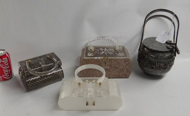 Vintage Purses: Lot 4 vintage plastic purses. Labels include "Florida Handbags Made In Miami" and "Patricia Of Miami".