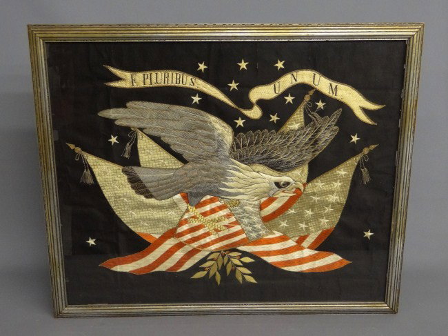 19th c. Patriotic Needlework: 19th c. Chinese export Patriotic eagle needlepoint. Site 25 1/2" x 32".