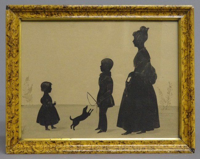 19th c. Silhouette Family: 19th c. silhouette family in birdseye maple frame. Site 9" x 12".