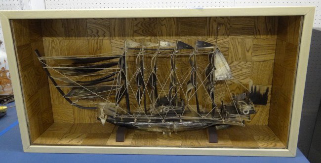 Boat In Shadowbox: Vintage horn boat in shadow box. 40" x 21".