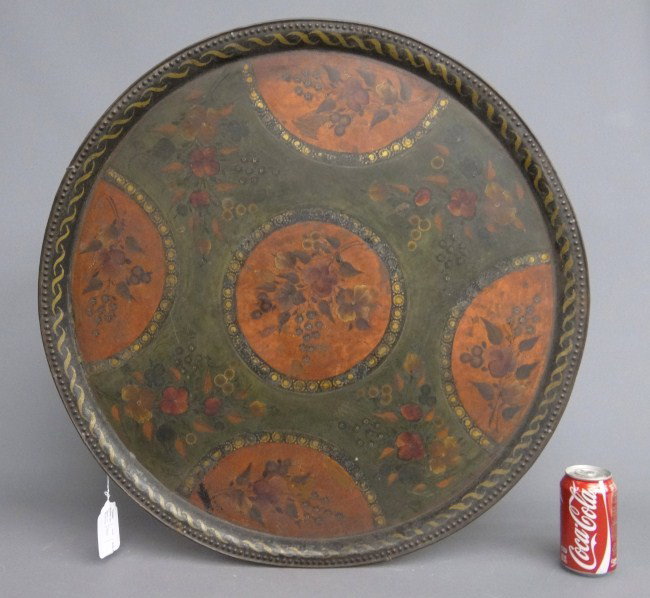 Tole Tray: Early painted tole tray. 27" Diameter.