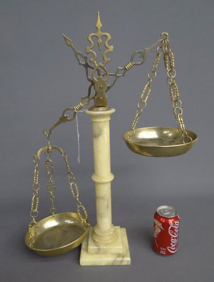 Brass Scale: Early alabaster and brass scale. 24" Ht.
