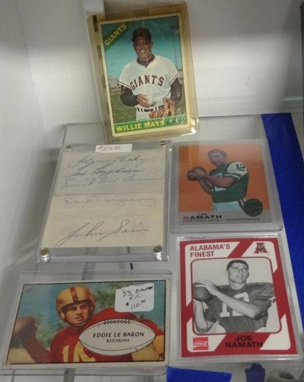 Sports Card's: Lot misc. sports cards including Joe Namath (2), Willie Mays, Eddie Le Baron and various autograph cuts.
