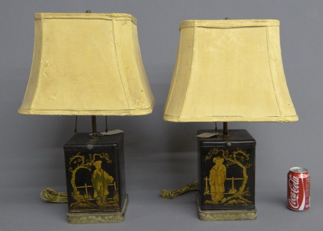 Asian Lamps: Pair Asian painted tole lamp. 23 1/2" overall Ht. (shades as found).