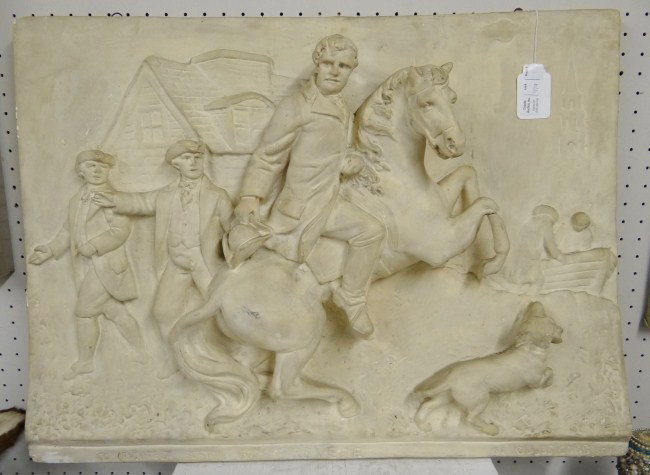 Plaster Relief Paul Revere: Vintage plaster relief of Paul Revere. 30" x 22". Marked "Cilus Cobb Sculpt.".