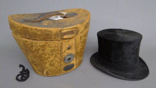 19th c. Top Hat: 19th c. top hat marked "Simpson Harvey Liverpool". In original leather case.
