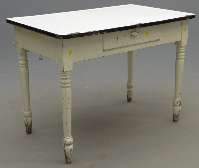 Work Table: Vintage enamel top work table. Top 25" x 40", 29 1/2" Ht.