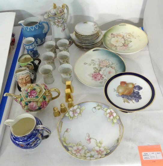 Misc. Lot: Misc. lot china including chocolate set, Wedgwood, Toby mugs etc.