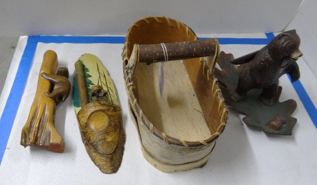 Adirondack Lot: Lot including bear nutcracker, birch basket and bear carvings.