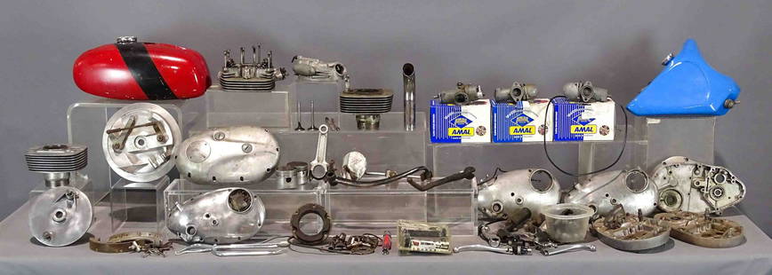 Motorcycle Parts Lot: Motorcycle parts lot. Appears mostly to be for BSA B25, 28's.