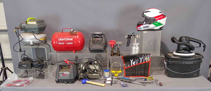 Tool Lot: Tool lot including Craftsman Evolve compressor, (3) Die Hard chargers, Craftsman 5 gallon air tank, Craftsman buffer, misc. tools, motorcycle helmet.