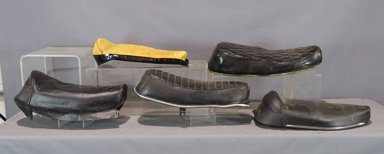 Motorcycle Saddles: Lot (5) British motorcycle saddles.