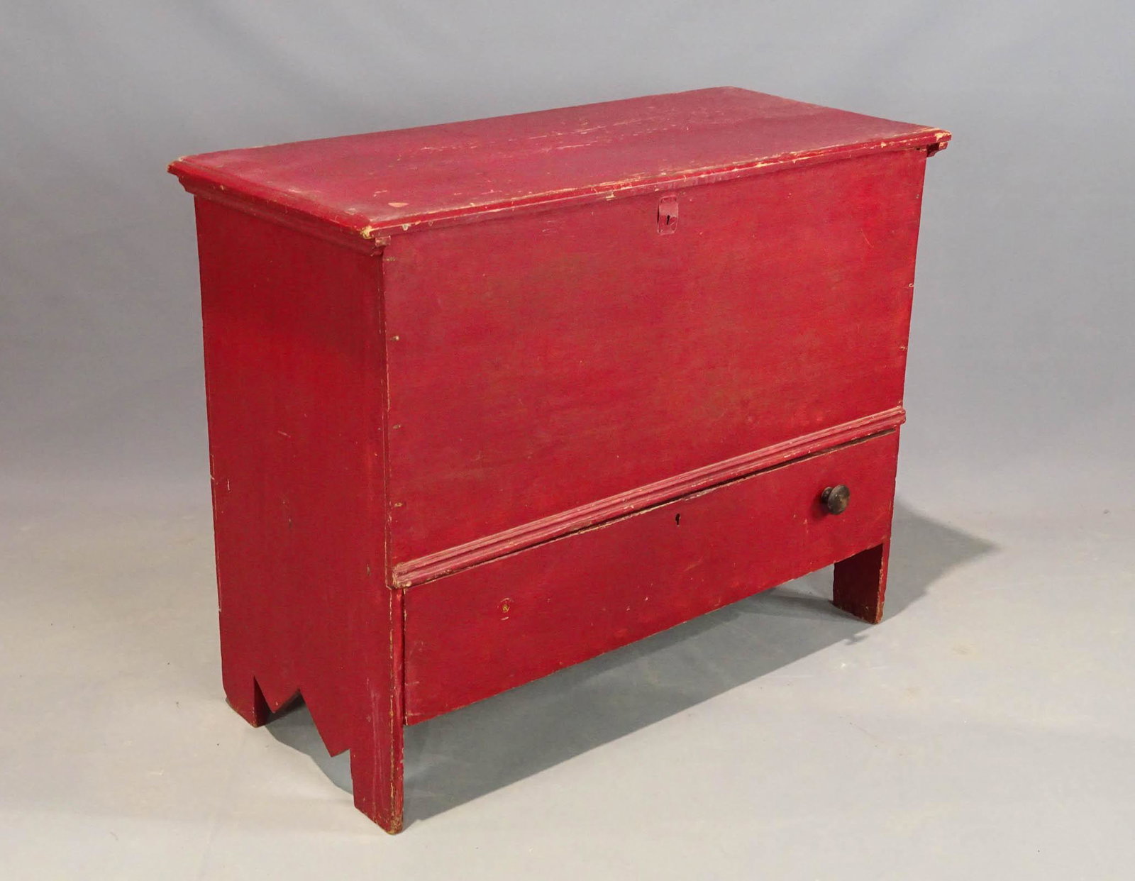 19th c. Lift Top Blanket Chest: C. 1800 lift top blanket chest in red paint. 41" x 19" x 33 1/2".